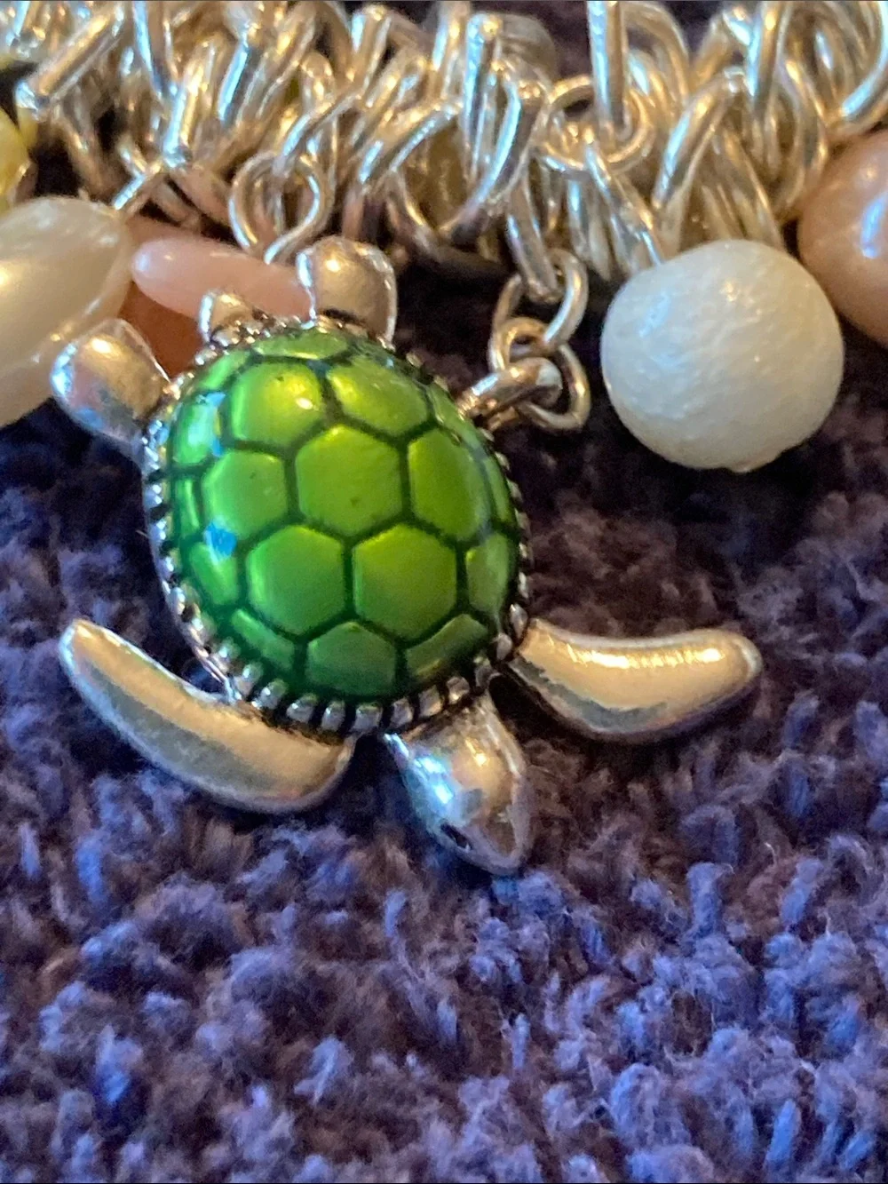 Seaside Charm Bracelet with Green Turtle and Shell Charms